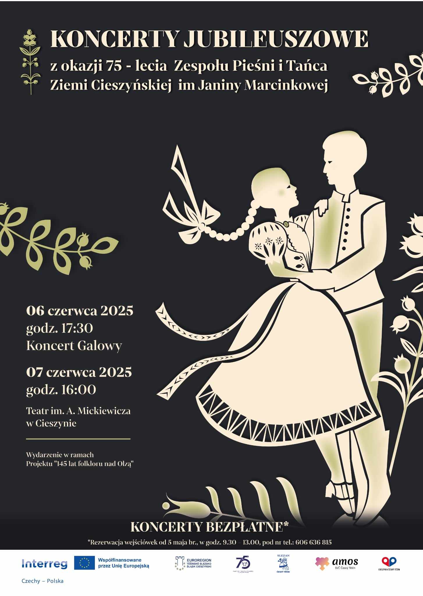 plakat zapraszający na wydarzenie - z prawej strony grafika ukazująca parę w strojach regionalnych