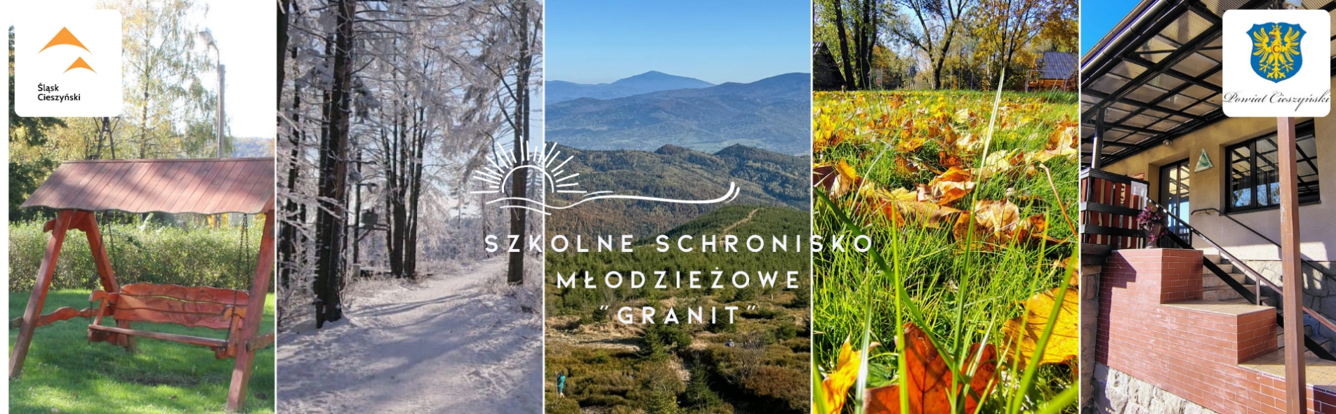 Pięć kadrów ukazujących różne pory roku w górskim otoczeniu. Drewniana huśtawka na tle zieleni, zimowa droga w lesie, panoramiczny widok na góry, trawa pokryta jesiennymi liśćmi i wejście do budynku z tarasem. Tekst wskazuje na młodzieżowe schronisko.