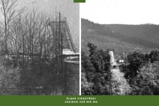 Grafika z dwoma czarno-białymi zdjęciami, które przedstawiają nieistniejąca już skocznie narciarską w Ustroniu.U dołu tekst Śląsk Cieszyński jakiego już nie ma, skocznia narciarska w Ustroniu.