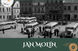 Grafika z czarno-białym zdjęciem cieszyńskiego rynku i zaparkowanymi na nim kilku autobusach z lat 30-tych ubiegłego wieku.W lewym górnym rogu logo marki turystycznej Śląsk Cieszyński.U dołu tekst na zielonym i brązowym tle.