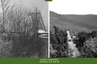 Grafika z dwoma czarno-białymi zdjęciami, które przedstawiają nieistniejąca już skocznie narciarską w Ustroniu.U dołu tekst Śląsk Cieszyński jakiego już nie ma, skocznia narciarska w Ustroniu.