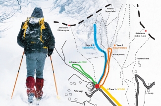 Grafika z przedstawiająca przebieg tras do rekreacyjnego uprawiania ski tourów i narciarstwa biegowego.Po lewej stronie sylwetka osoby porusającej się na nartach po trasie biegowej.U dołu krótkie info o poszczególnych trasach.