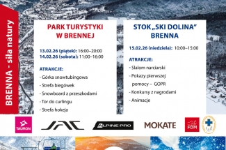 W tle plakatu zdjęcie ośnieżonych stoków gór,pod nim trzy zdjęcia przedstawiające zimowe atrakcje gmin Beskidzkiej piątki.U dołu loga organizatorów wydarzenia.Na pierwszym planie, na białym tle,tekst informacyjny.