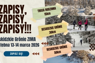 Na plakacie, po jego prawej stronie,cztery zdjęcia,z zimową, leśną scenerią.Dwa z nich przedstawiają biegaczy narciarskich.Po prawej stronie tekst informacyjny.